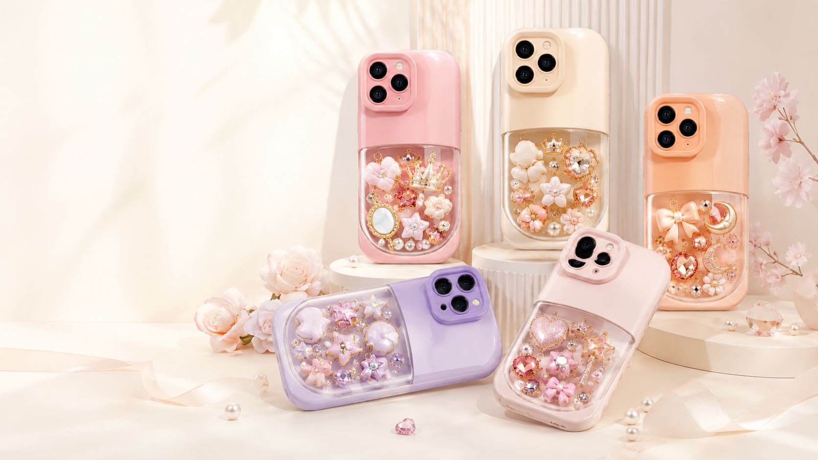 Girly and princess style phone cases with pastel decorative details